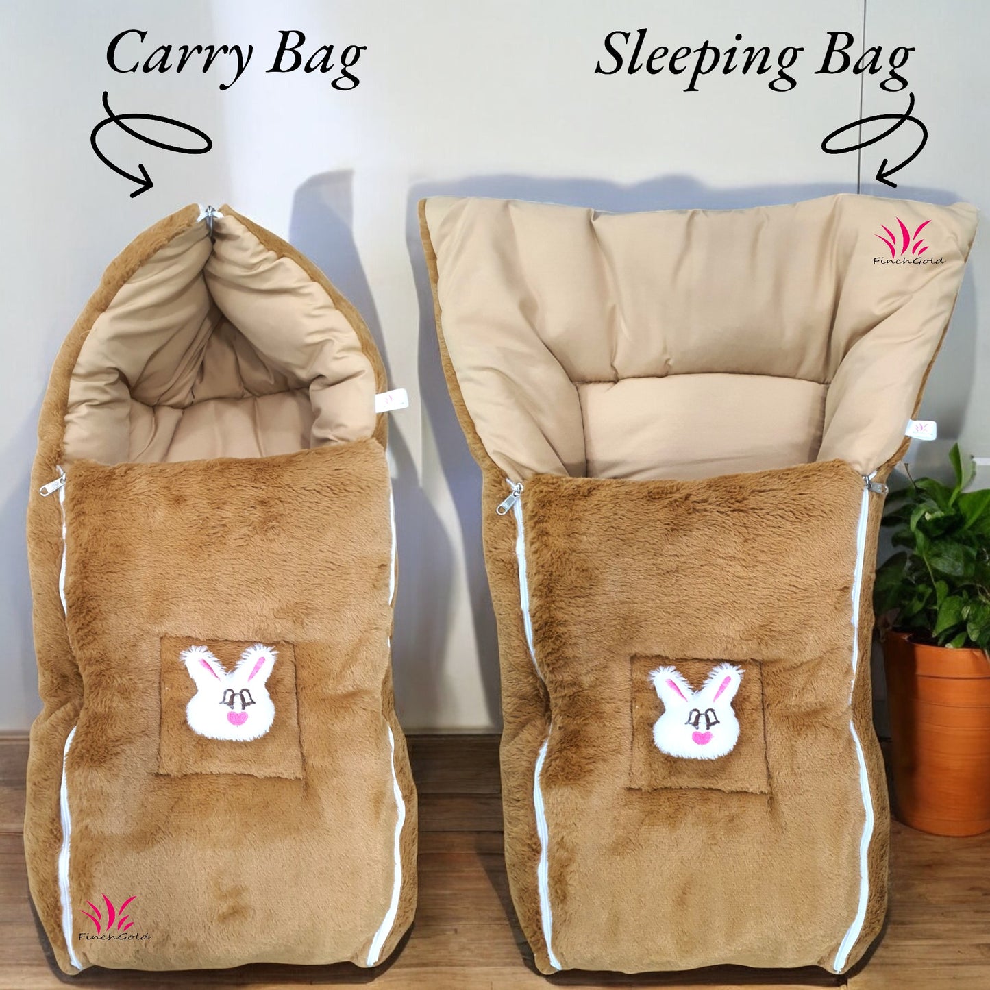 FinchGold Baby Sleeping Bag carry Bag Soft Velvet Fur Fabric For 0-6 Months Baby's - Brown