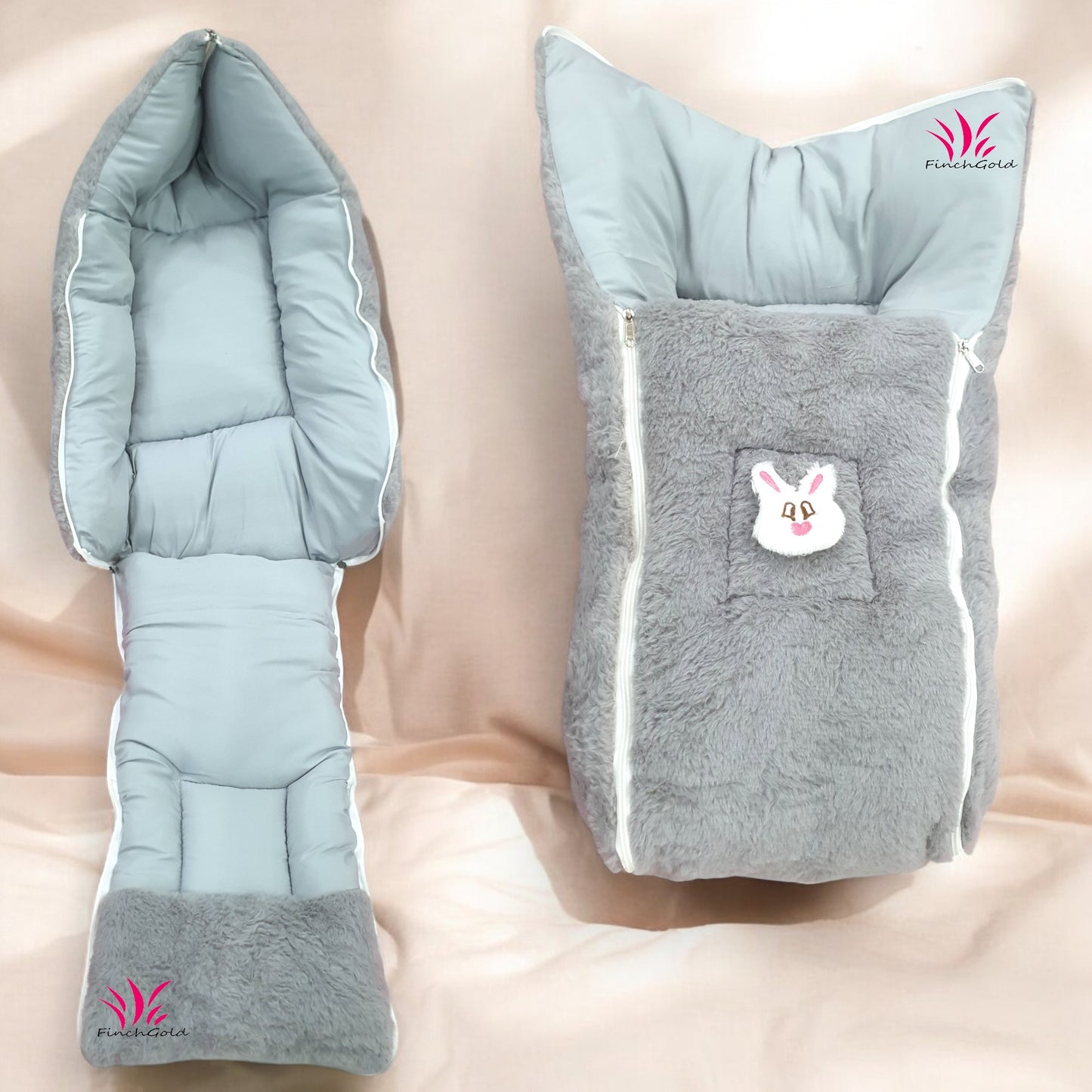 FinchGold Baby Sleeping Bag carry Bag Soft Velvet Fur Fabric For 0-6 Months Babies -Gray