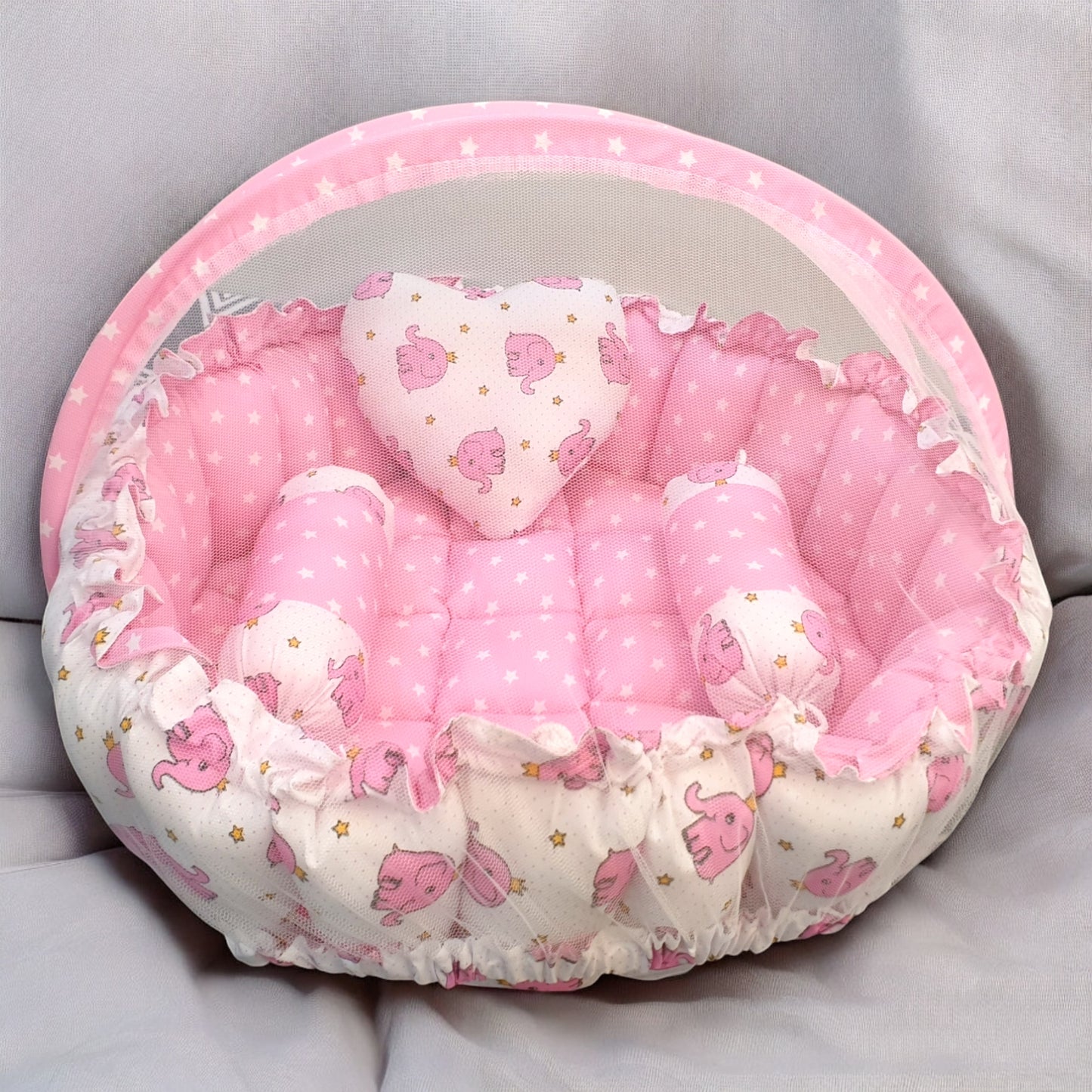 FinchGold Baby Reversible Round Cotton Bedding Set Cum Mattress with 3 Multi Shape Pillows for Newborns to Toddlers Unique 0-12 Month. Bed Mattress with Mosquito Net, Neck Pillow & 2 Bolsters