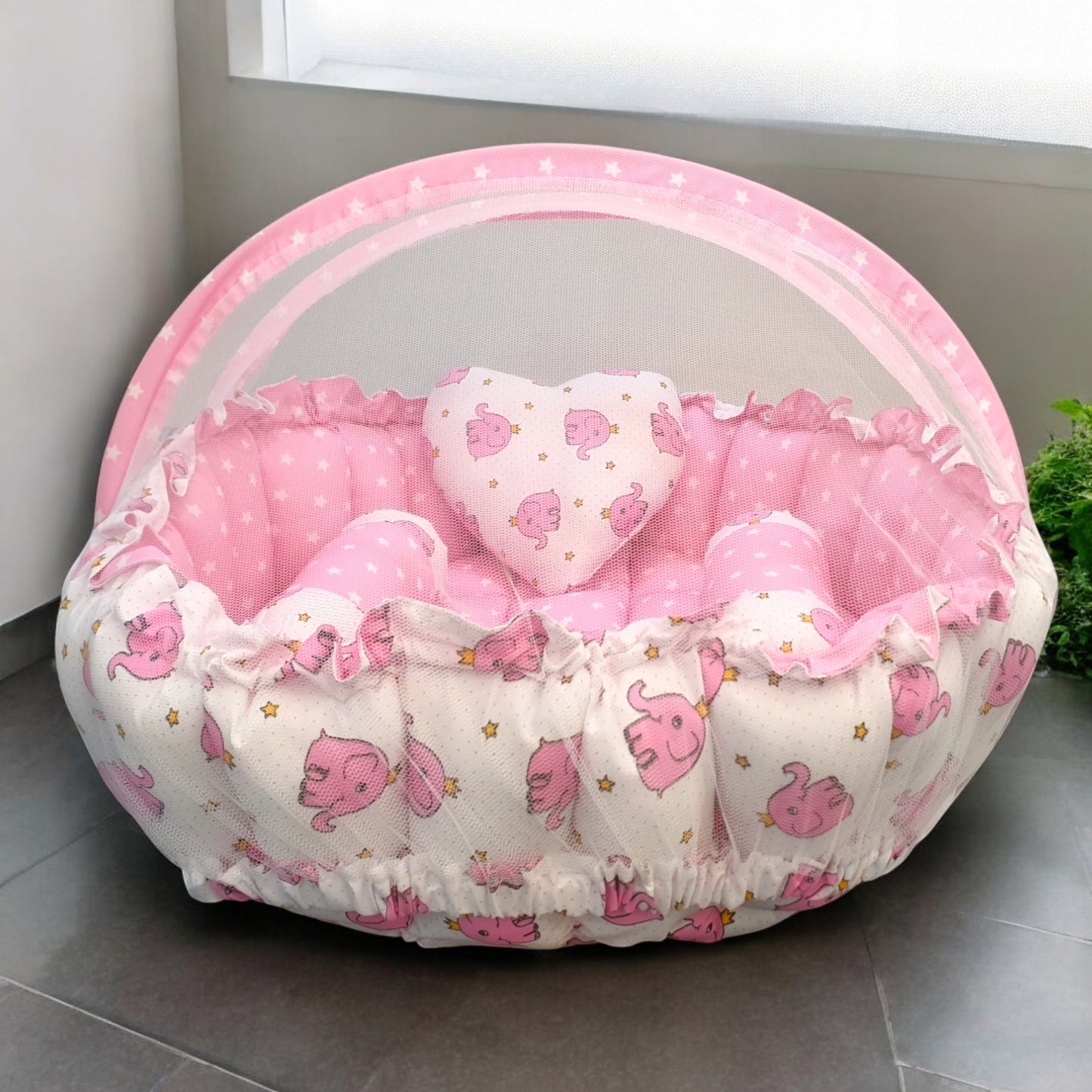 FinchGold Baby Reversible Round Cotton Bedding Set Cum Mattress with 3 Multi Shape Pillows for Newborns to Toddlers Unique 0-12 Month. Bed Mattress with Mosquito Net, Neck Pillow & 2 Bolsters