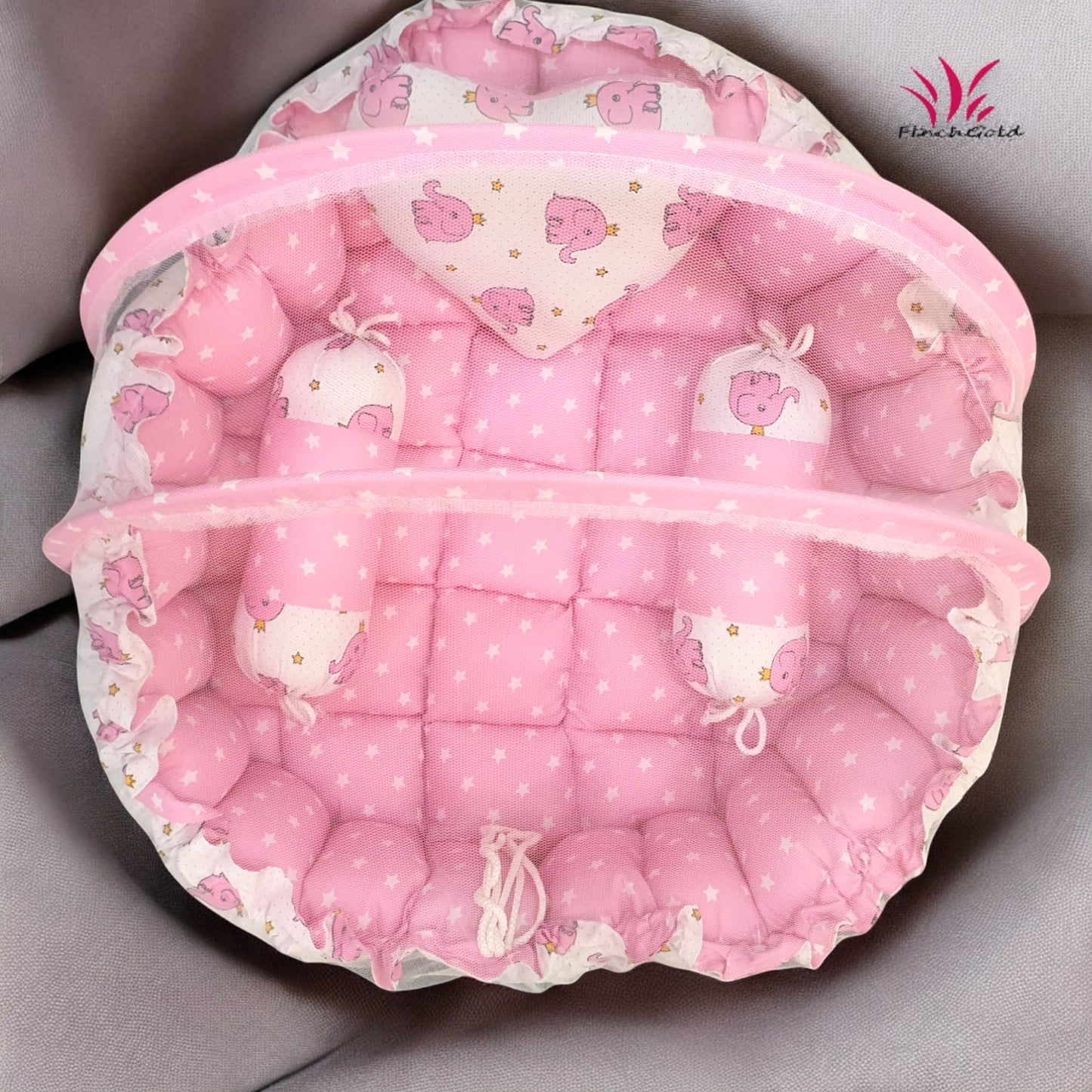 FinchGold Baby Reversible Round Cotton Bedding Set Cum Mattress with 3 Multi Shape Pillows for Newborns to Toddlers Unique 0-12 Month. Bed Mattress with Mosquito Net, Neck Pillow & 2 Bolsters