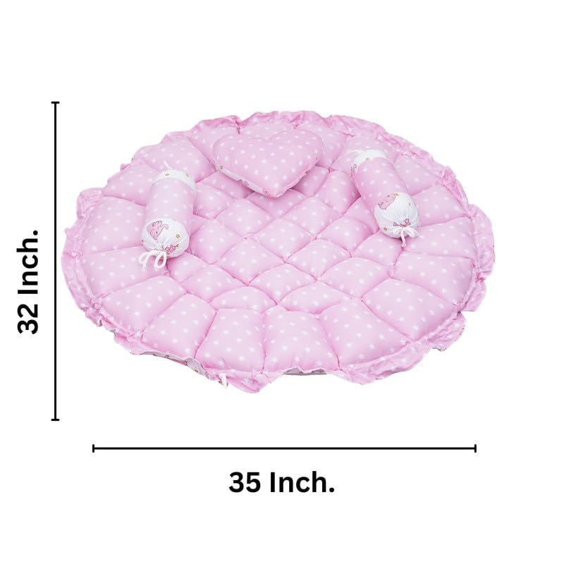 FinchGold Baby Reversible Round Cotton Bedding Set Cum Mattress with 3 Multi Shape Pillows for Newborns to Toddlers Unique 0-12 Month. Bed Mattress with Mosquito Net, Neck Pillow & 2 Bolsters