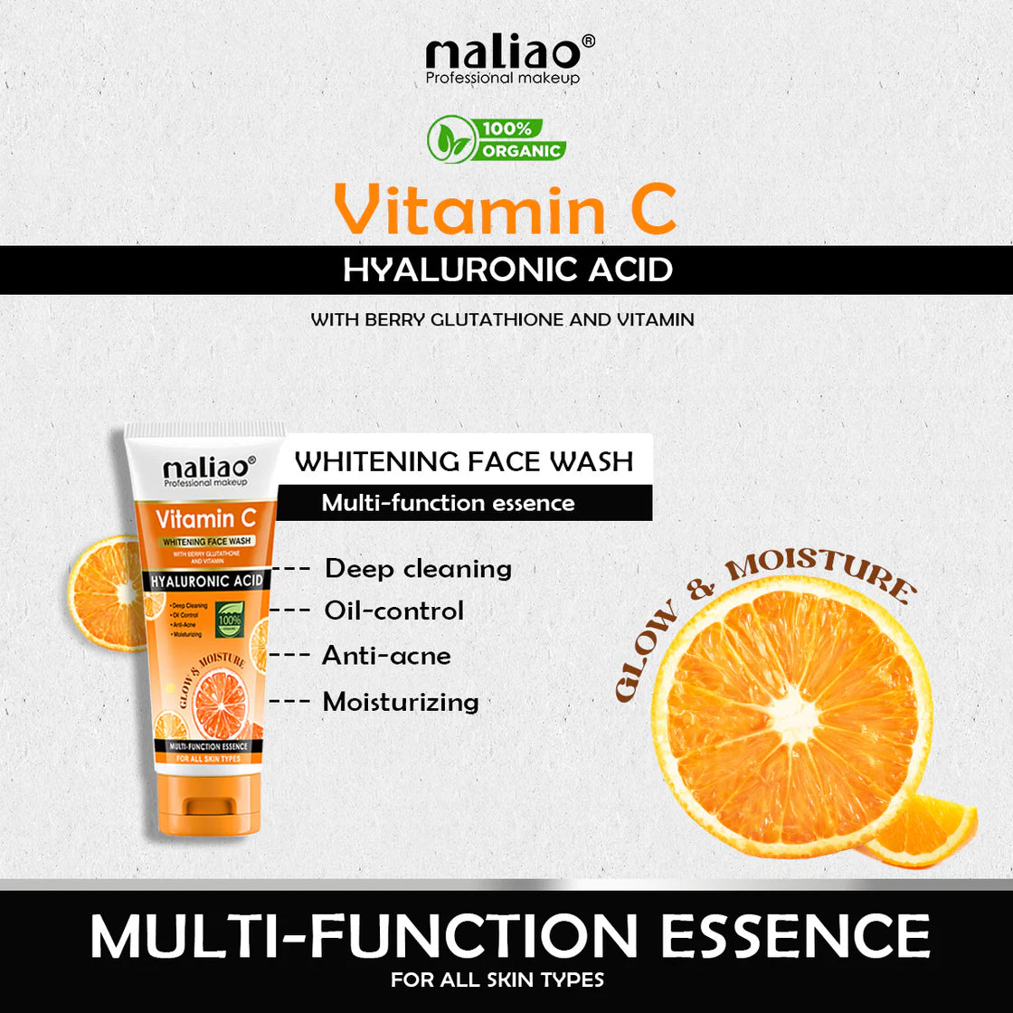 Maliao Vitamin C Whitening Face Wash with Berry Glutathione & Hyaluronic Acid for Glowing Skin (Deep Cleansing, Oil Control, Anti-Acne, Moisturizing, All Skin Types)