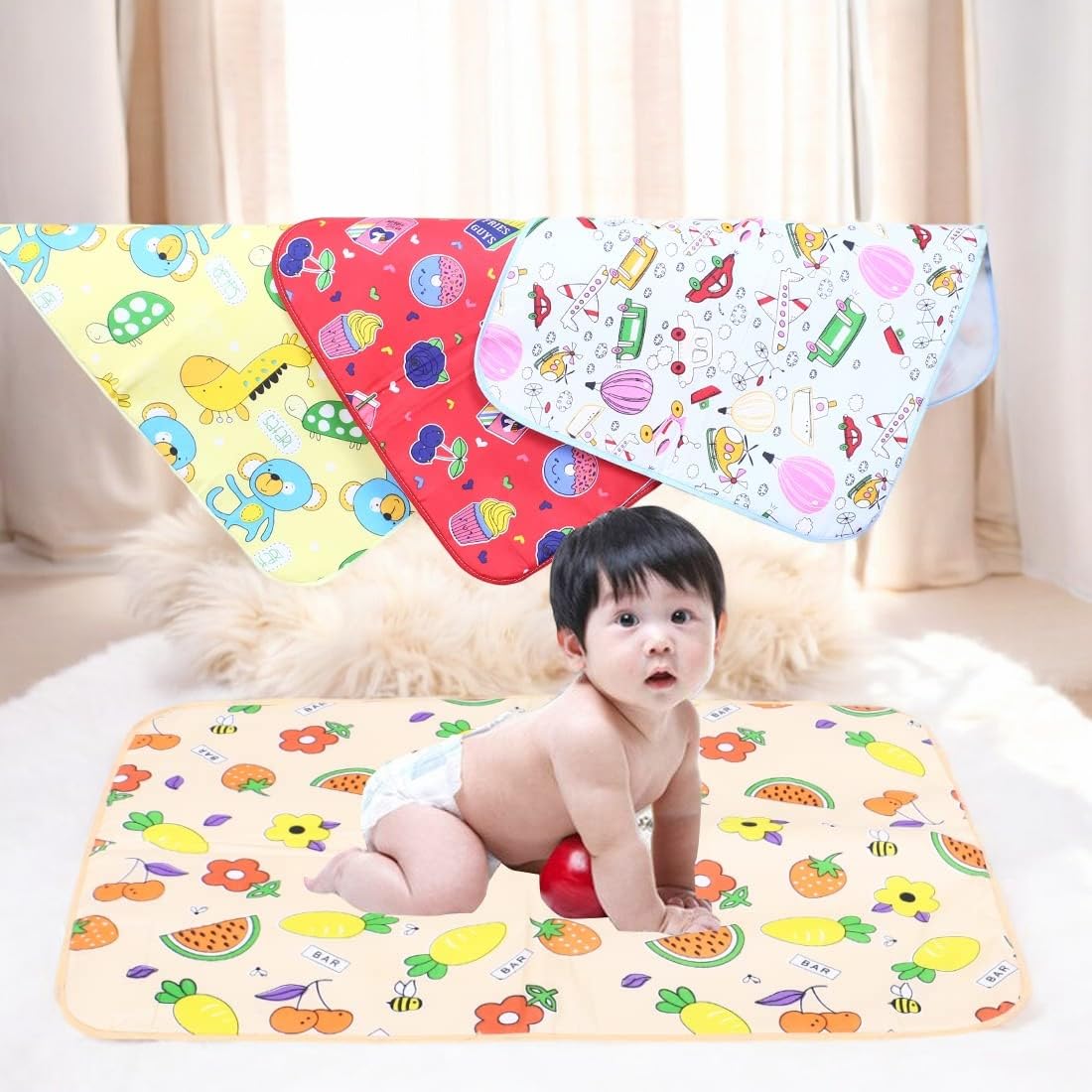 FinchGold Baby Diaper Changing Mats/Bichhoni (One Side Cotton One Side Plastic) Waterproof Bed Protectors for 0-15 Months Babies ((Pack of 3)) Random Multi Color Designs