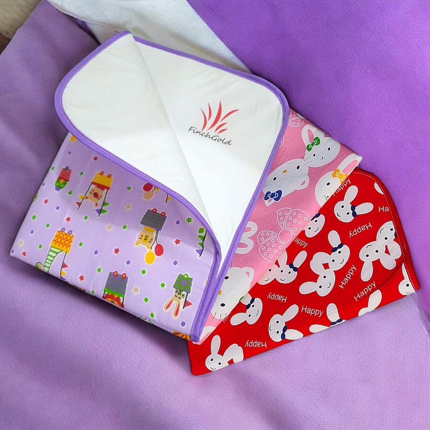 FinchGold Baby Diaper Changing Mats/Bichhoni (One Side Cotton One Side Plastic) Waterproof Bed Protectors for 0-15 Months Babies ((Pack of 3)) Random Multi Color Designs