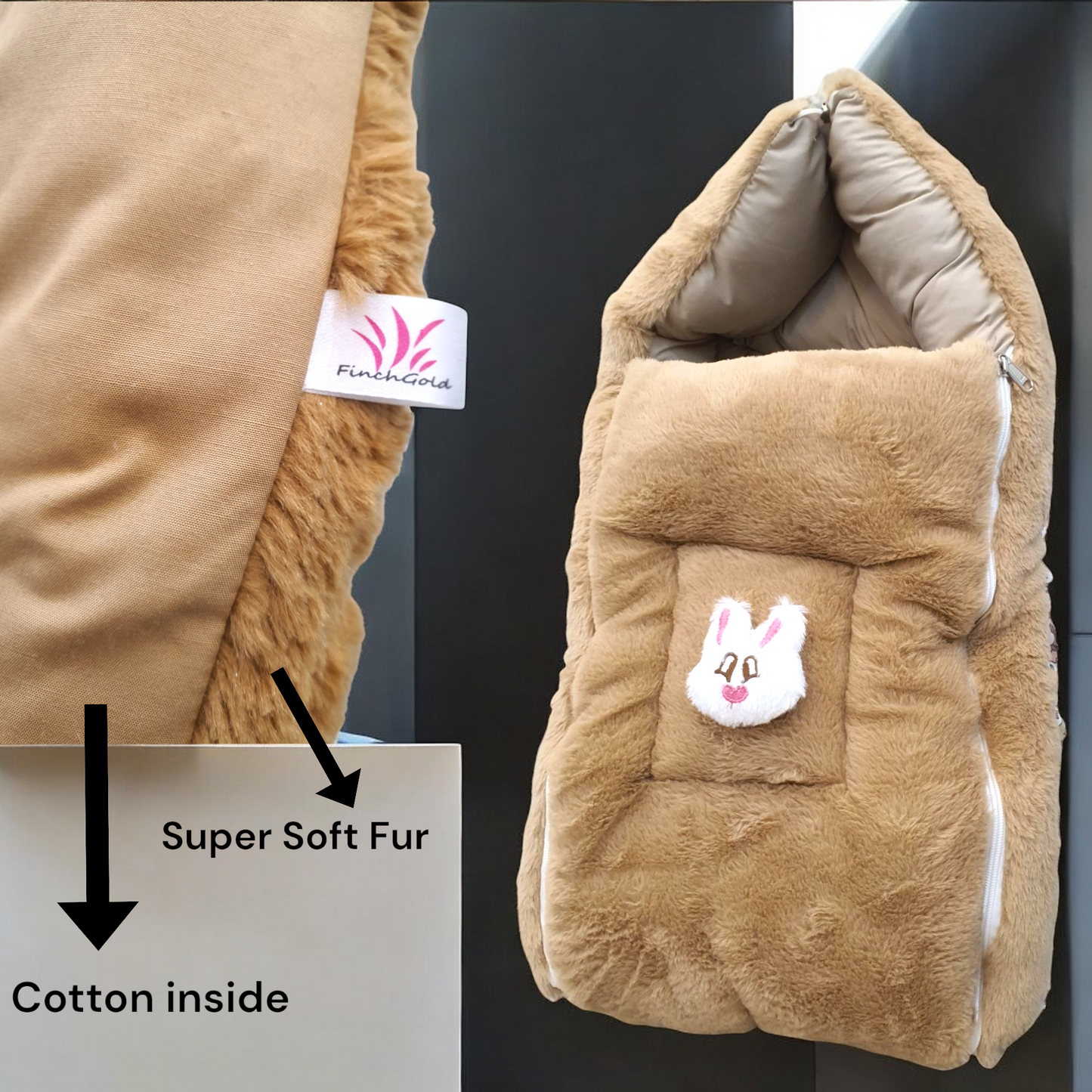 FinchGold Baby Sleeping Bag carry Bag Soft Velvet Fur Fabric For 0-6 Months Babies - Brown