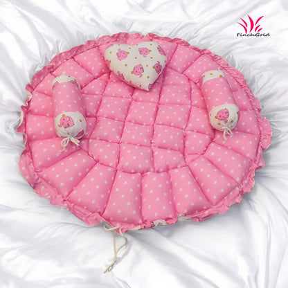 FinchGold Baby Reversible Round Cotton Bedding Set Cum Mattress with 3 Multi Shape Pillows for Newborns to Toddlers Unique 0-12 Month. Bed Mattress with Mosquito Net, Neck Pillow & 2 Bolsters