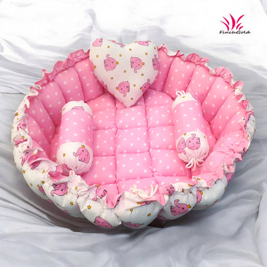 FinchGold Baby Reversible Round Cotton Bedding Set Cum Mattress with 3 Multi Shape Pillows for Newborns to Toddlers Unique 0-12 Month. Bed Mattress with Mosquito Net, Neck Pillow & 2 Bolsters