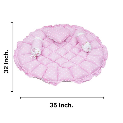 FinchGold Baby Reversible Round Cotton Bedding Set Cum Mattress with 3 Multi Shape Pillows for Newborns to Toddlers Unique 0-12 Month. Bed Mattress with Mosquito Net, Neck Pillow & 2 Bolsters