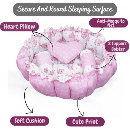 FinchGold Baby Reversible Round Cotton Bedding Set Cum Mattress with 3 Multi Shape Pillows for Newborns to Toddlers Unique 0-12 Month. Bed Mattress with Mosquito Net, Neck Pillow & 2 Bolsters