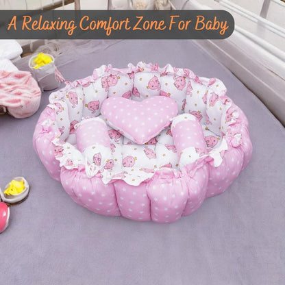 FinchGold Baby Reversible Round Cotton Bedding Set Cum Mattress with 3 Multi Shape Pillows for Newborns to Toddlers Unique 0-12 Month. Bed Mattress with Mosquito Net, Neck Pillow & 2 Bolsters