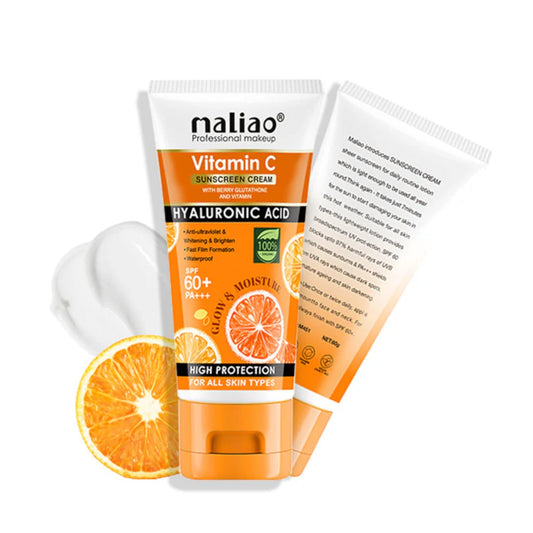 Maliao Vitamin C Sunscreen Cream with Berry Glutathione & Hyaluronic Acid - SPF 60+ PA+++ (High Protection, Waterproof, All Skin Types)