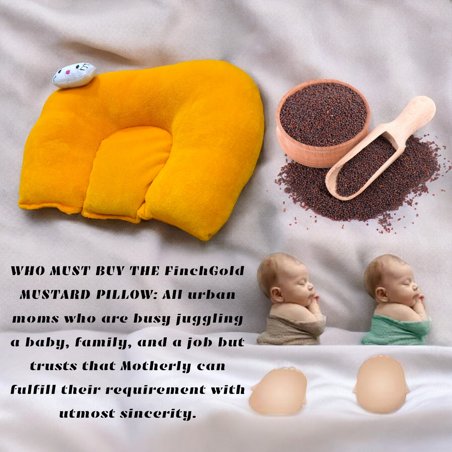 FinchGold Baby Head Support Takiya, Mustard Seeds Filling, 25 x 20.5 cm, Yellow