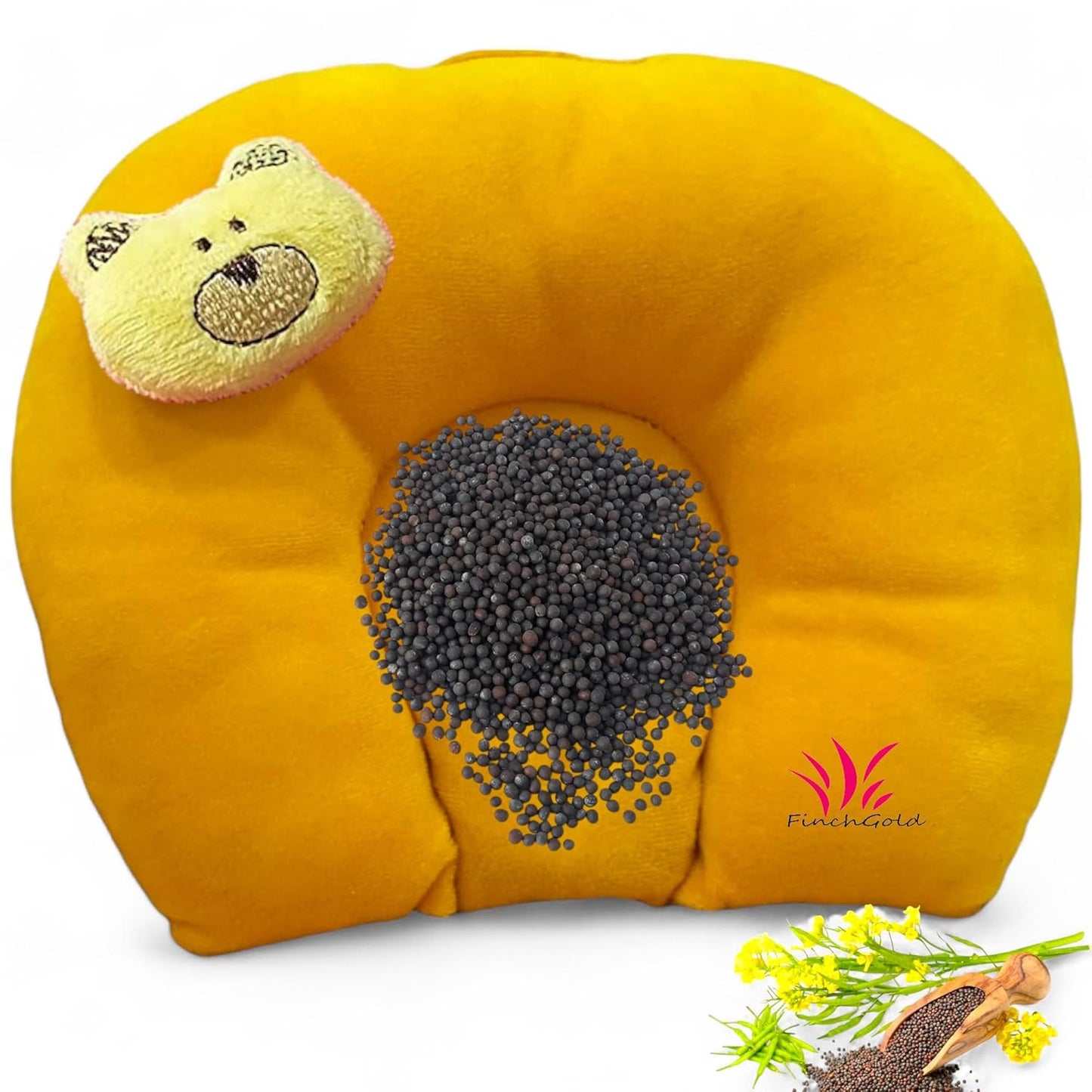 FinchGold Baby Head Support Takiya, Mustard Seeds Filling, 25 x 20.5 cm, Yellow