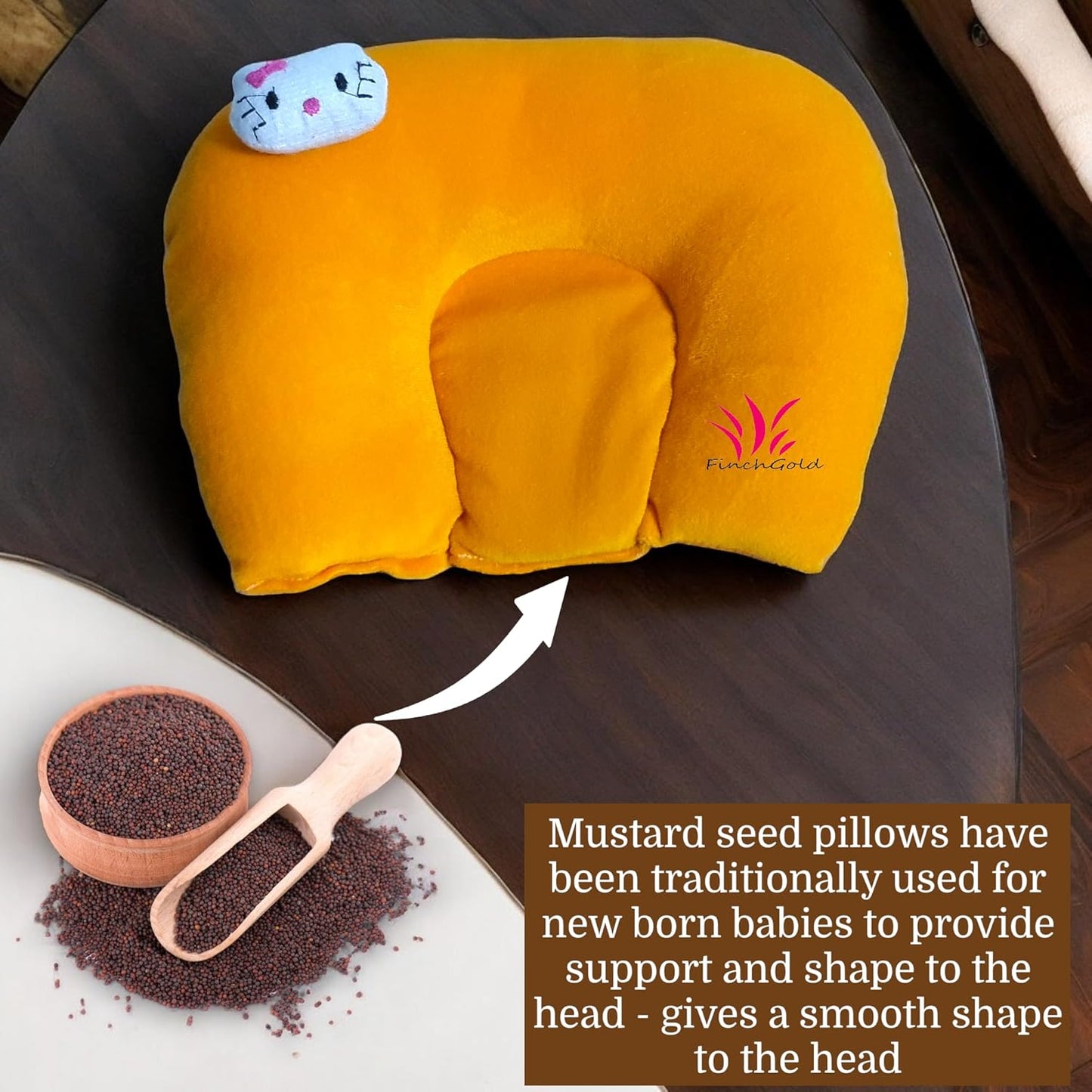 FinchGold Baby Head Support Takiya, Mustard Seeds Filling, 25 x 20.5 cm, Yellow